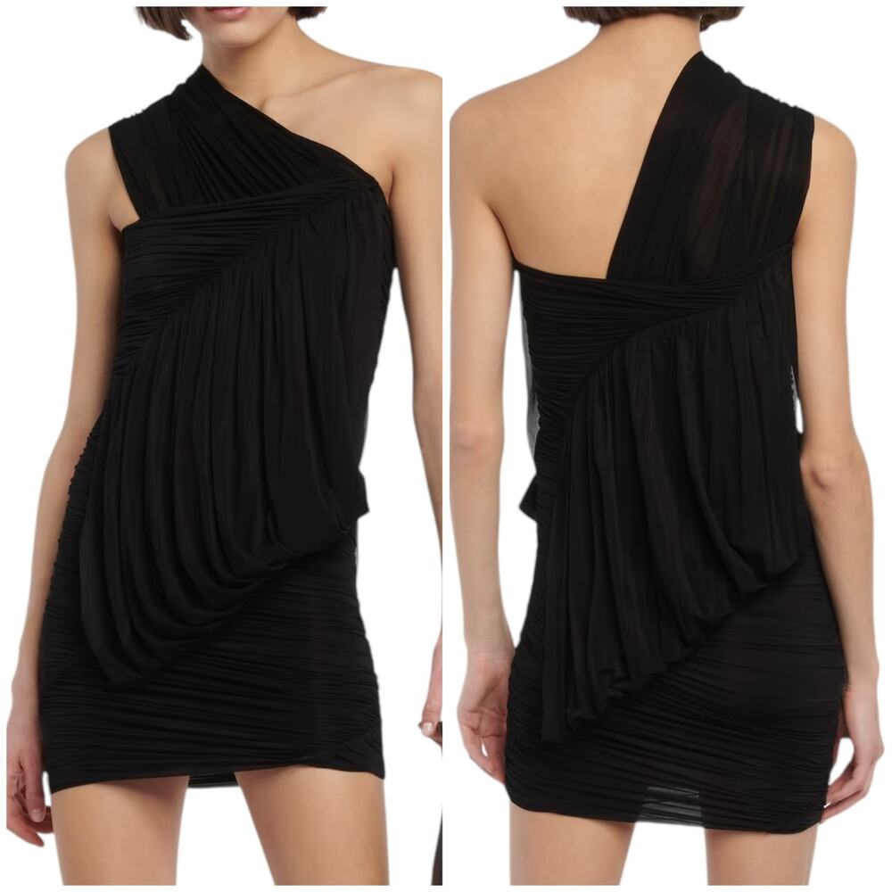 Rick Owens NWT One Shoulder Draped Mini Dress Black Size 42 Ruched Sheer Stretch